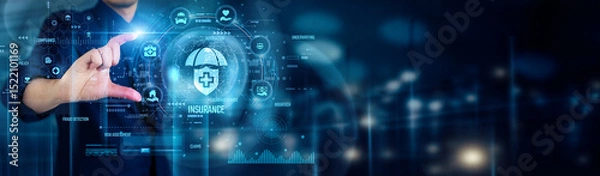 Fototapeta Businessman touching INSURANCE icons highlights risk management, financial protection, policy options, claim support, and secure investments for future stability and peace of mind.