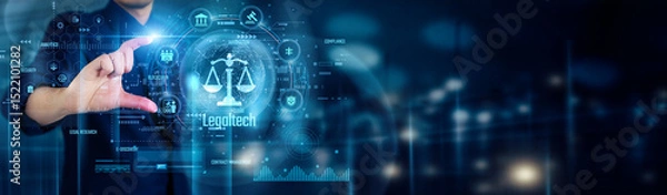 Fototapeta Businessman touching Legaltech icons explores AI, blockchain, smart contracts, e-discovery, compliance tools, and automation software transforming legal services efficiently and securely.