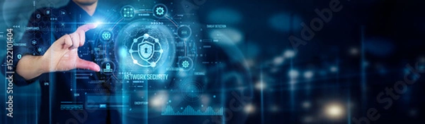 Fototapeta Businessman touching NETWORK SECURITY icons represents protecting data, preventing cyber attacks, using firewalls, encryption, monitoring threats, reliable communication across networks and devices.
