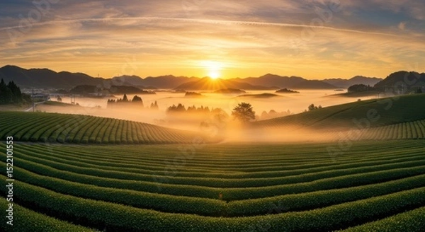 Obraz Sunrise over terraced tea fields