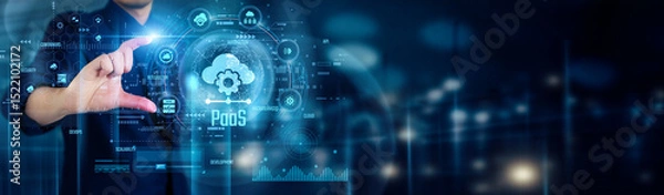 Fototapeta PaaS. Businessman touching PLATFORM AS A SERVICE icons uses cloud-based tools to develop, deploy, and manage applications quickly without handling infrastructure, faster innovation and scalability.