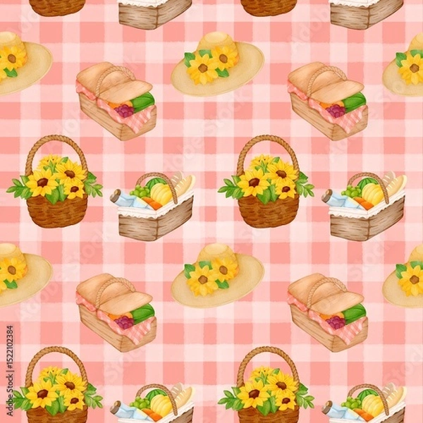 Obraz Seamless pattern with summer picnic and  on pastel Red