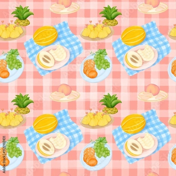 Obraz Seamless pattern with summer picnic and fruit Pineapple, Peach and Korean Melon on pastel Red