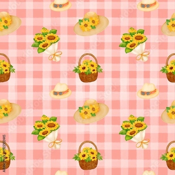 Obraz Seamless pattern with summer picnic and  on pastel Red