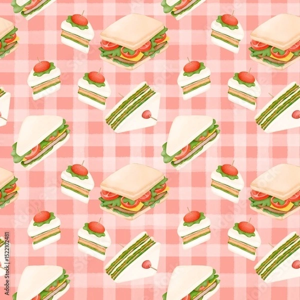 Obraz Seamless pattern with summer picnic and  on pastel Red