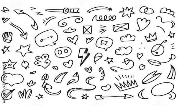 Fototapeta Hand drawn doodle elements collection for design projects embellishments and decorative accessories in black and white simple line art style