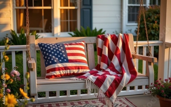 Fototapeta Cozy porch swing adorned with American flag decor and a vibrant blanket.