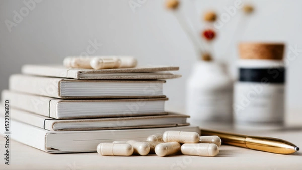 Fototapeta A stack of microdosing journals, pen, and minimalist packaging of capsules, future wellness trend