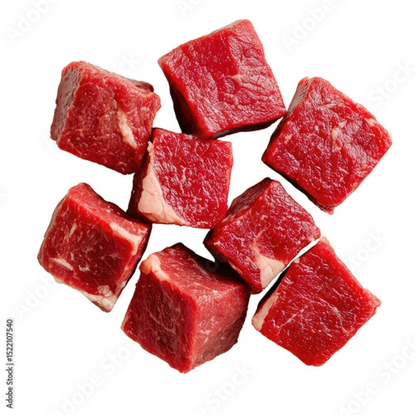 Obraz Fresh Raw Cubes of Red Meat on White Background for Culinary Use