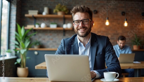 Fototapeta Freelancer man working in a cafe with a laptop and smiling, modern interior design, copy space