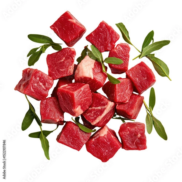 Obraz Fresh Raw Beef Cubes for Cooking with Green Herbs Garnish