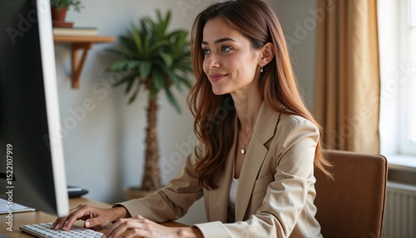 Fototapeta Businesswoman working at a computer in a modern office environment, smiling, copy space