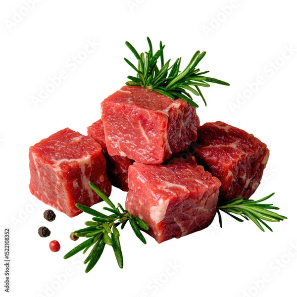 Obraz Fresh Raw Beef Cubes with Herbs and Spices on Isolated Background