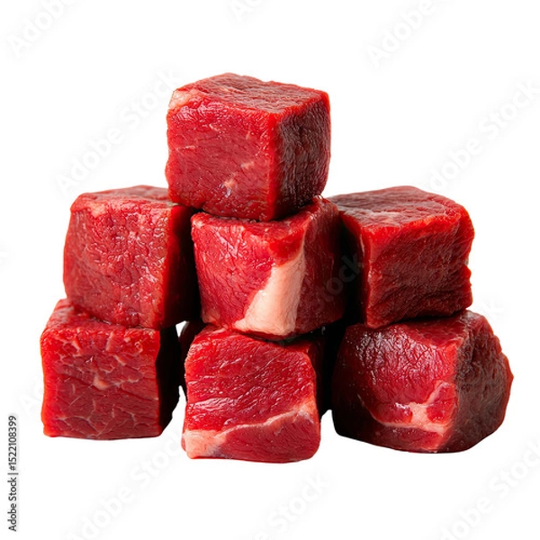 Obraz Fresh Raw Cubes of Red Meat on White Background for Cooking Use