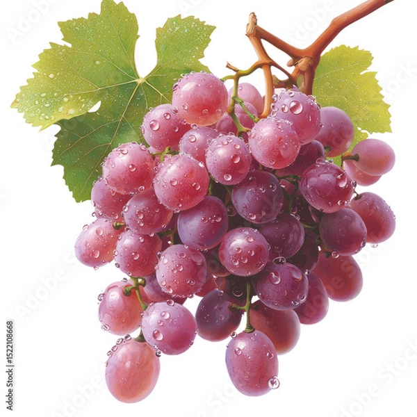 Obraz Fresh Grapes with Water Droplets on a Vine with Green Leaves