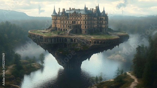Fototapeta Large ornate castle sits atop a floating landmass above a lake in misty forest landscape under a cloudy sky