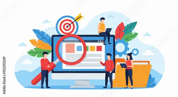 Fototapeta Flat Vector Illustration of Team Document Analysis with Magnifying Glass and Computer Monitor