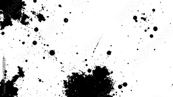 Fototapeta Central Black Ink Splatter on White Background, Grunge Texture with Scattered Drops