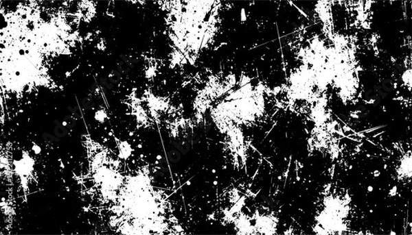 Fototapeta Chaotic Black and White Grunge Texture with Ink Splatters and Scratches, Abstract Urban Background