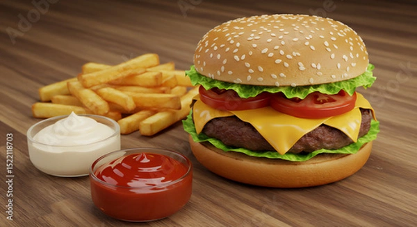 Fototapeta Cheese Burger with fries and dips on the table