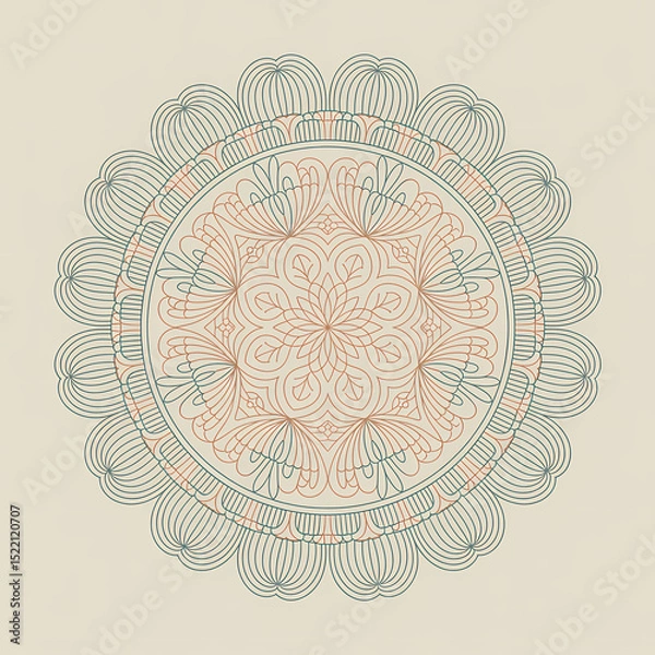 Fototapeta Intricate Mandala design with floral and geometric patterns. Symmetrical circular ornament in teal and gold for meditation, yoga, spiritual decor, and ethnic textile design.