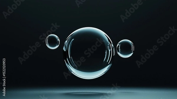 Obraz Three transparent spheres are floating in dark space around a larger one