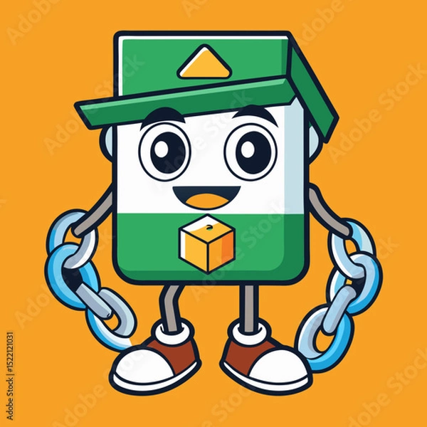 Fototapeta Cartoon box character with chains and hat on orange background