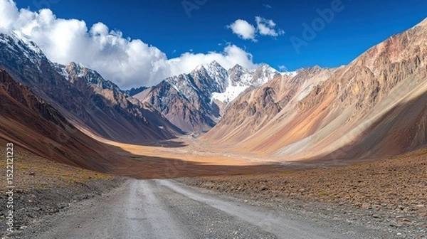Obraz A dirt road travels through a valley between snow covered mountains