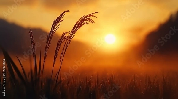 Obraz The sun sets over a field of tall grass at twilight