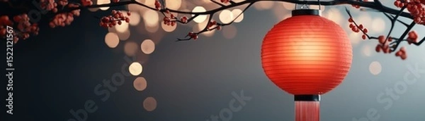 Obraz A vibrant red lantern hangs from a branch with red berries