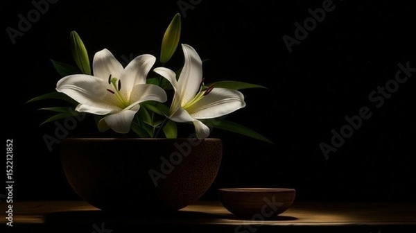 Obraz Delicate white lilies in a dark container against black backdrop