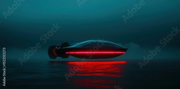 Obraz A futuristic submarine is floating above reflective water in dark conditions