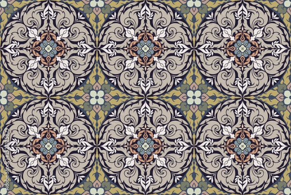 Fototapeta Traditional Thai art seamless floral circle pattern in damask style motifs suitable for tile, wallpaper, cloth, curtain, textile and fabric design isolated illustration vector archive EPS file.