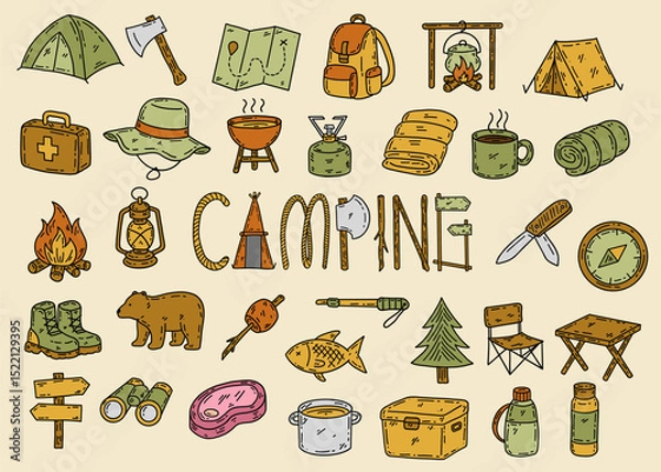 Obraz Hand drawn camping doodle elements collection, Camping-themed illustrations with gear and nature elements.
