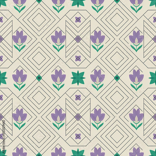 Fototapeta Elegant seamless pattern with geometric lines and floral motifs. Modern flat design background with lavender and teal flowers for sophisticated textile, wallpaper, or branding.
