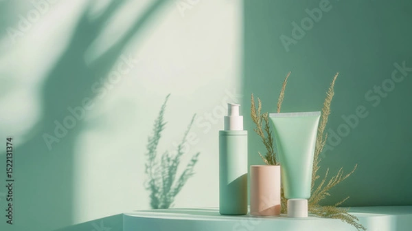 Obraz Soothing skincare products display minimalist studio product photography calming environment close-up view wellness concept
