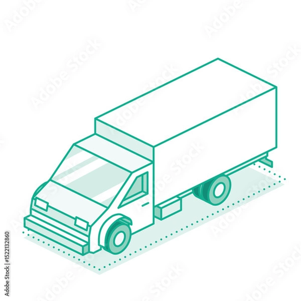 Fototapeta Isometric outline cargo truck. Commercial transport. Logistics. 3d city object for infographics. Car for carriage and delivery of goods. Front view. Green colors.