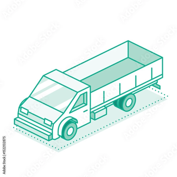 Fototapeta Isometric outline cargo truck with wooden side panels. Line art style. Logistics, transport, and construction. Flatbed cargo truck. Medium duty truck isolated on white.