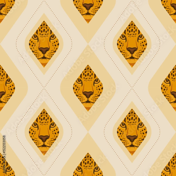 Obraz Geometric Leopard Seamless Pattern – Wild Cat Face Design with Tribal Diamond Motif in Earth Tones