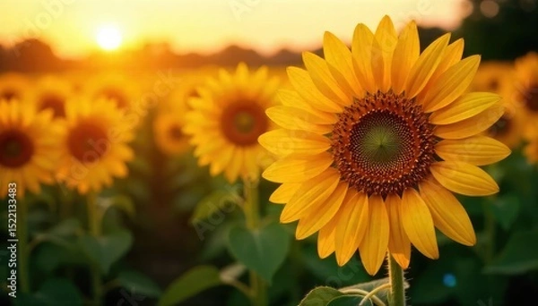 Fototapeta Close-up of a sunflower field at sunset, petals shimmering with golden light, creating a sparkling effect A stunning display of nature's brilliance , golden, glitter, agriculture
