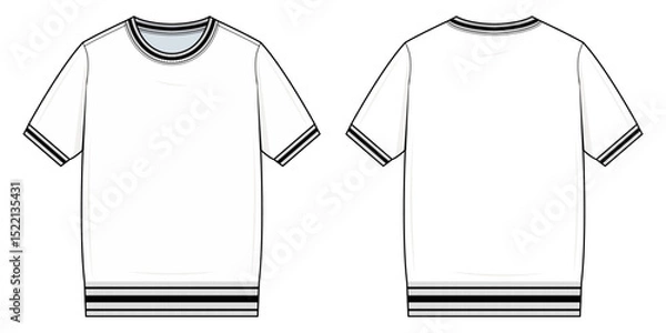 Fototapeta Striped Ribbed Trim T-Shirt Technical Fashion Illustration. Short Sleeve Crewneck Tee with Ribbed Neckline, Cuffs, and Hem. Front and Back View. Casual Streetwear Shirt. CAD Mockup set.