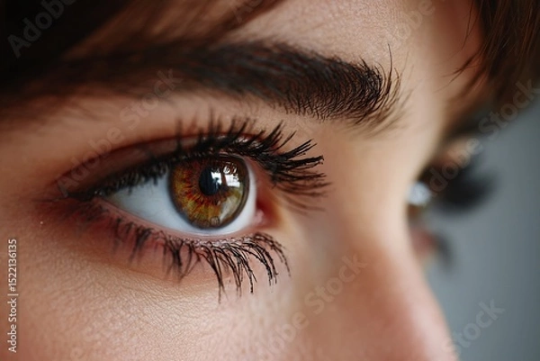 Fototapeta Close-Up of Female Brown Eye with Detailed Eyelashes and Natural Skin Texture in Soft Lighting.
