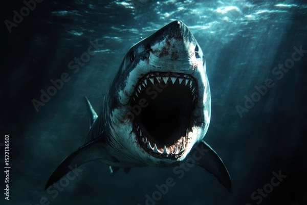 Obraz Large shark exhibits open mouth, showcasing sharp teeth in underwater environment, Large shark with open mouth underwater, showing sharp teeth in dark ocean