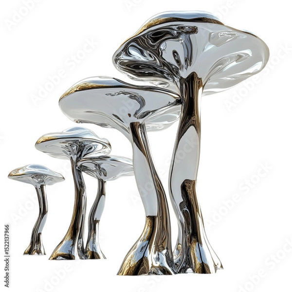 Fototapeta A collection of stylized metallic mushroom sculptures gleaming. Capturing the surreal beauty of art and design, with smooth and reflective surfaces.