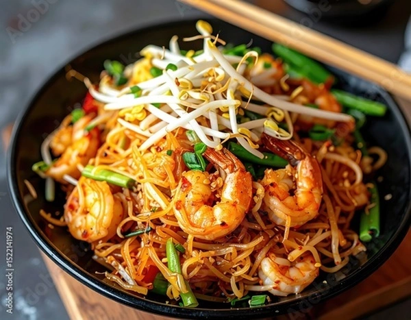 Fototapeta Close-Up Wok-Style Char Kuey Teow with Prawns and Bean Sprouts Plated from Top Down Perspective