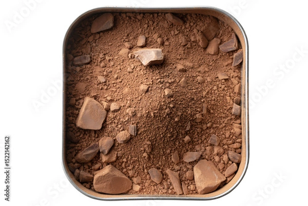 Fototapeta Top view of brown clay powder and rocks in metal container for pottery and ceramics material supply use