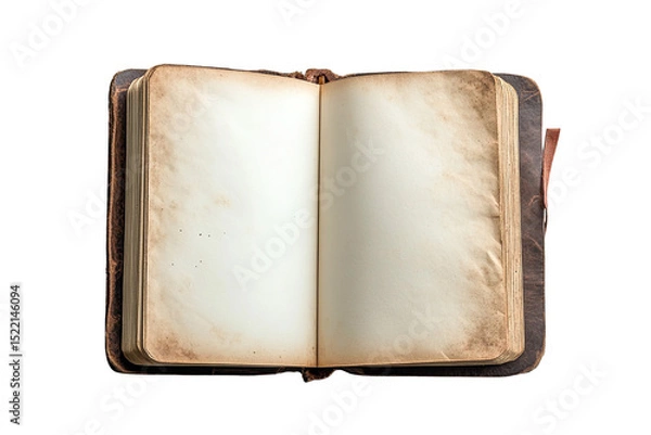 Fototapeta Aged leather bound book open to blank pages isolated on transparent PNG