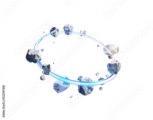 Fototapeta Floating Ring of Rough Rocks and Faceted Gemstones with Luminous Blue Accents