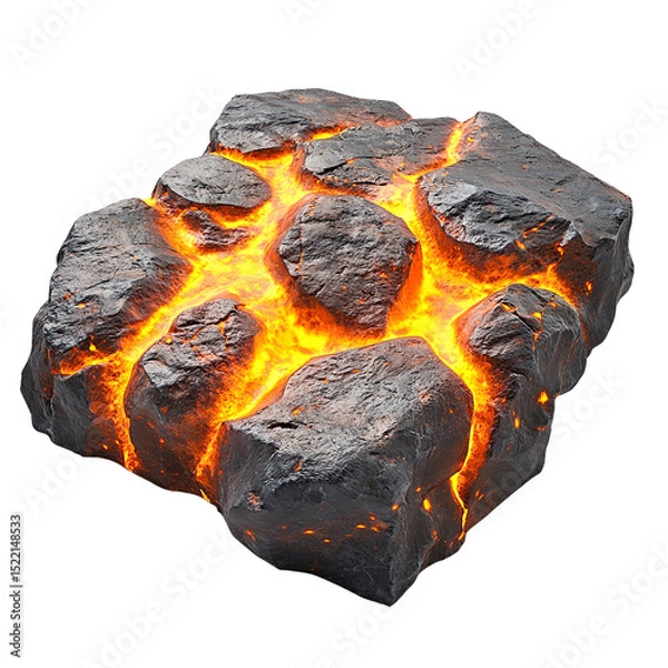 Fototapeta Molten rock formation glowing lava within dark volcanic rocks isolated on transparent PNG