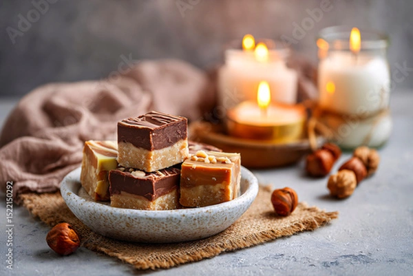 Fototapeta In ambient candlelight, fudge rests in a sunny corner on light gray background, clean style
